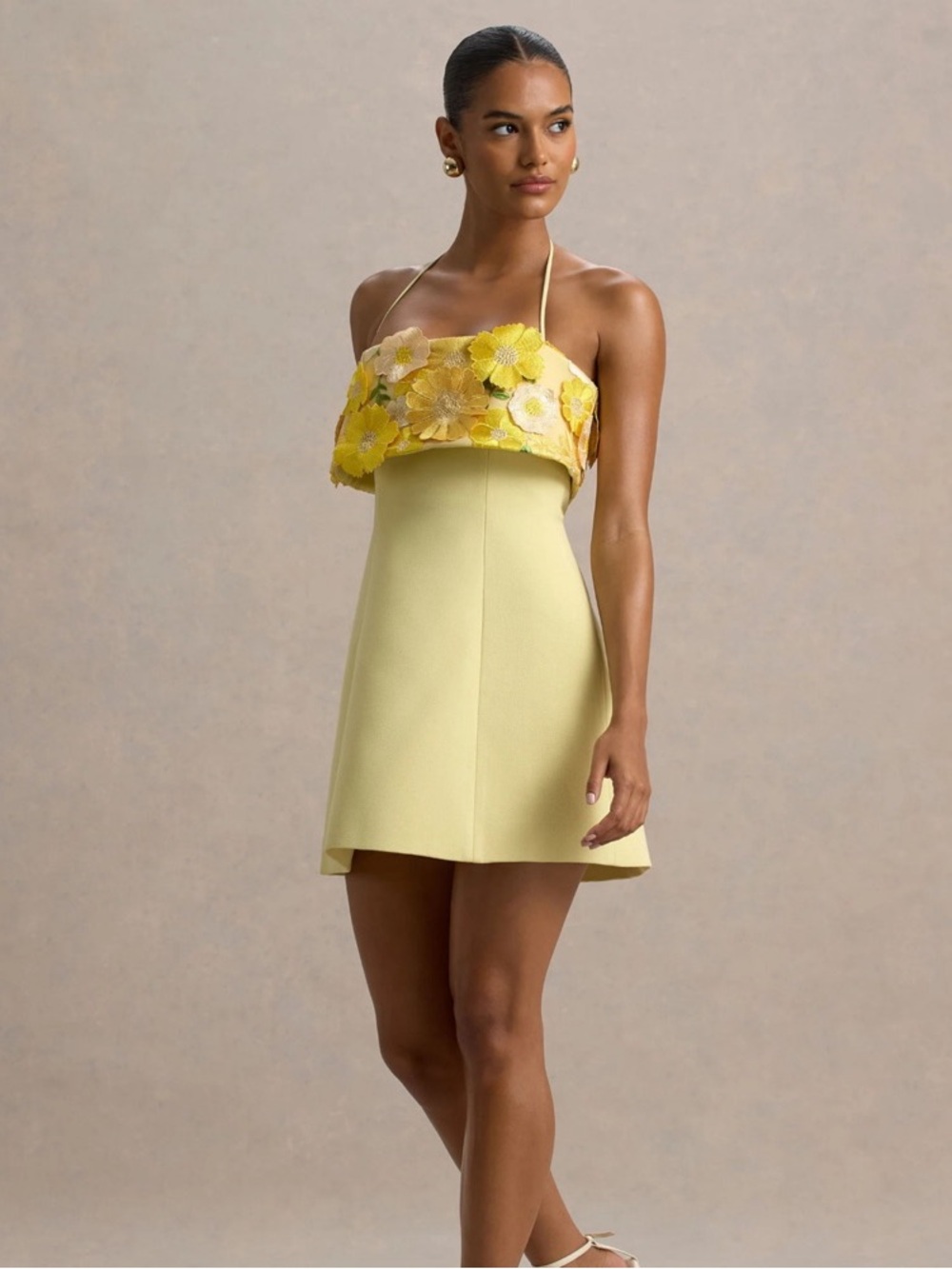 Floral Appliqué Yellow Mini Dress - Picture 9 of 15